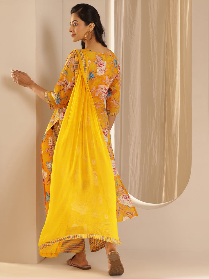 Mustard Printed Cotton Straight Suit With Dupatta