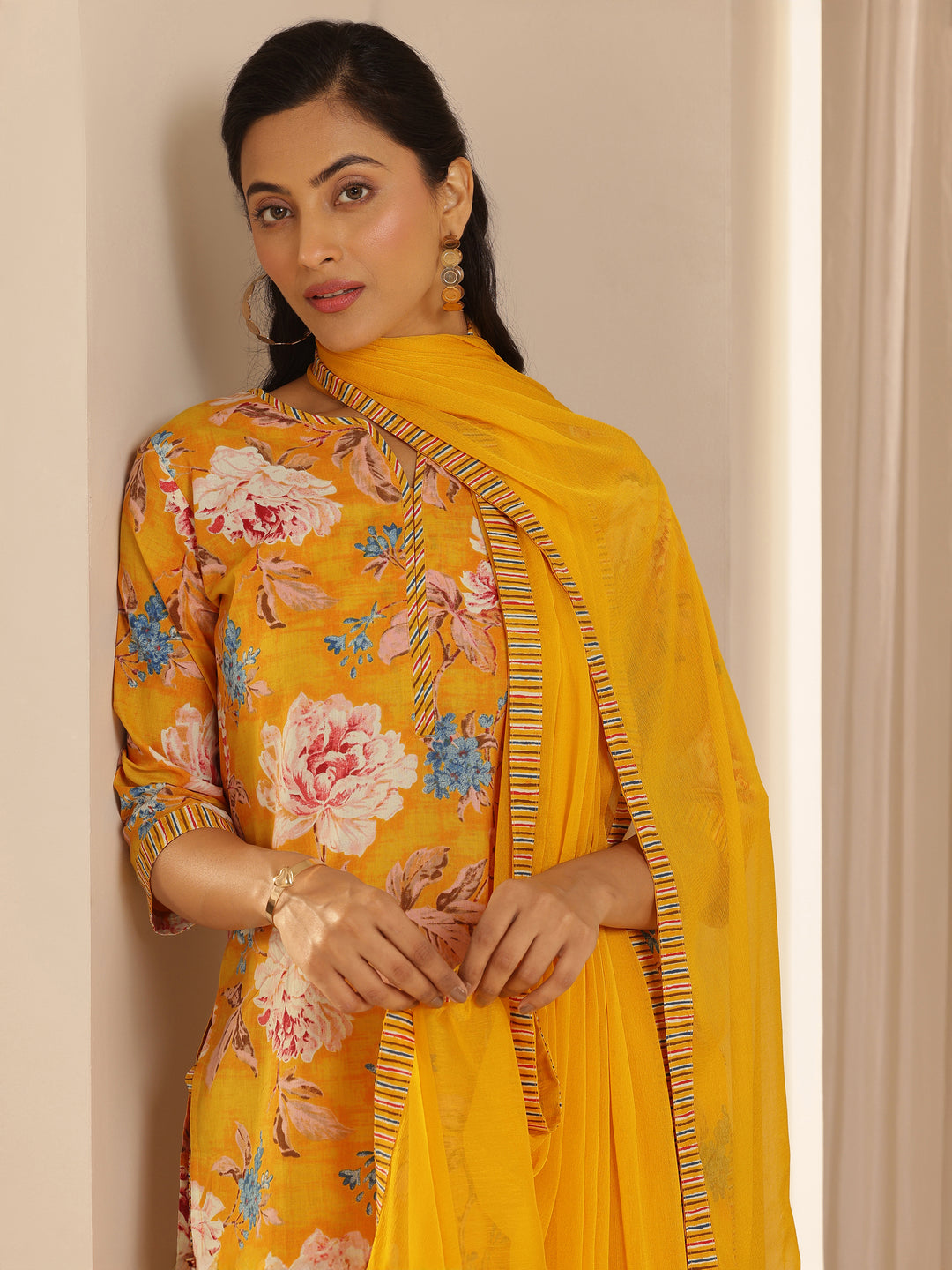 Mustard Printed Cotton Straight Suit With Dupatta