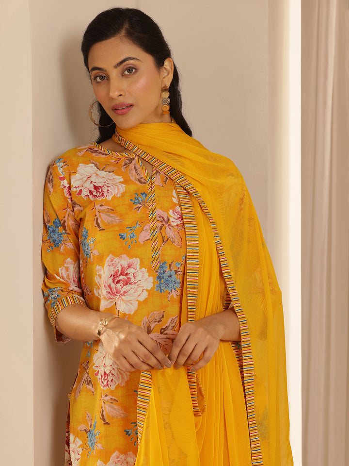 Mustard Printed Cotton Straight Suit With Dupatta
