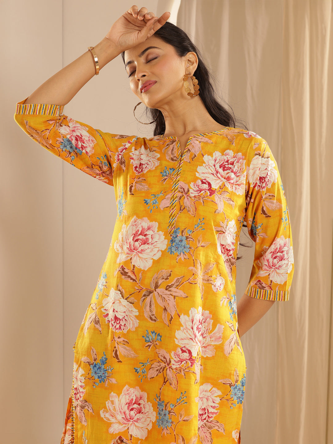 Mustard Printed Cotton Straight Suit With Dupatta