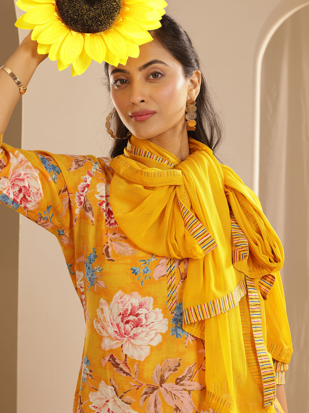 Mustard Printed Cotton Straight Suit With Dupatta