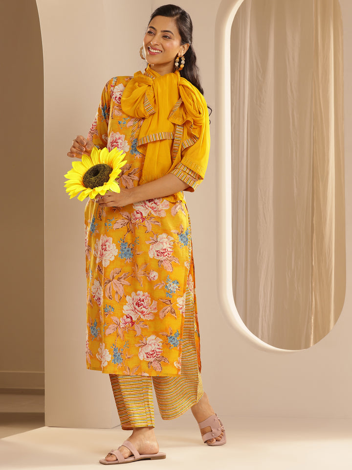 Mustard Printed Cotton Straight Suit With Dupatta