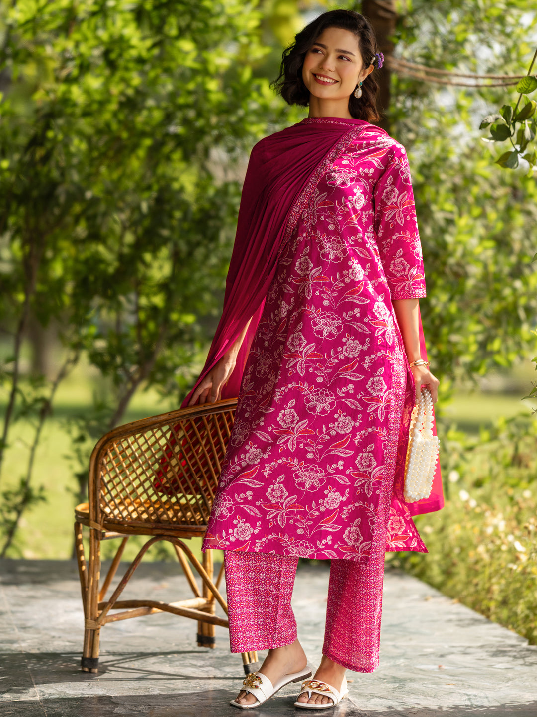Pink Printed Cotton Straight Suit With Dupatta