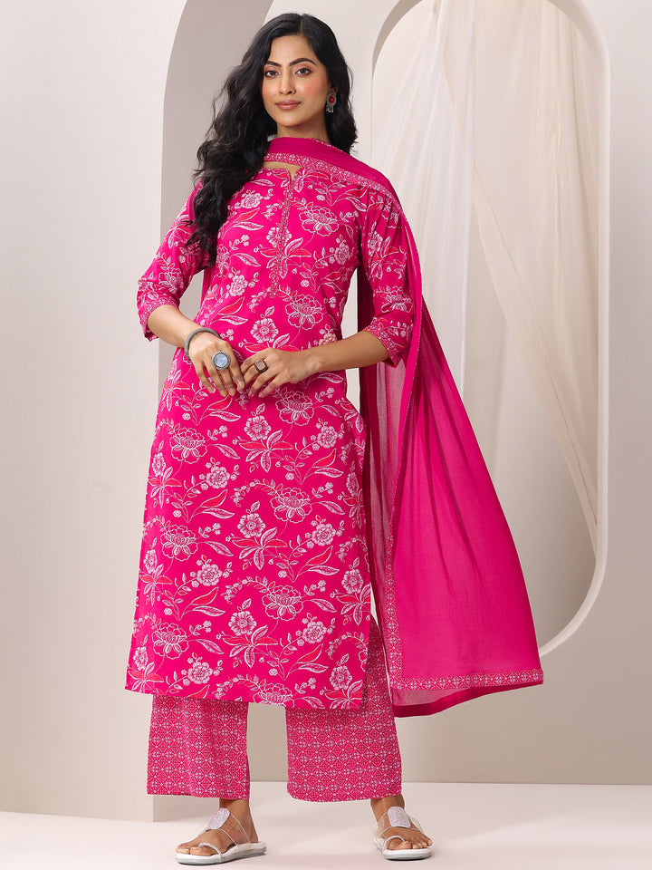 Pink Printed Cotton Straight Suit With Dupatta