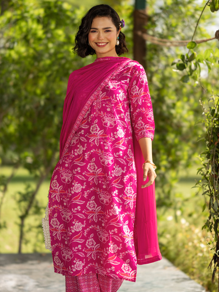Pink Printed Cotton Straight Suit With Dupatta