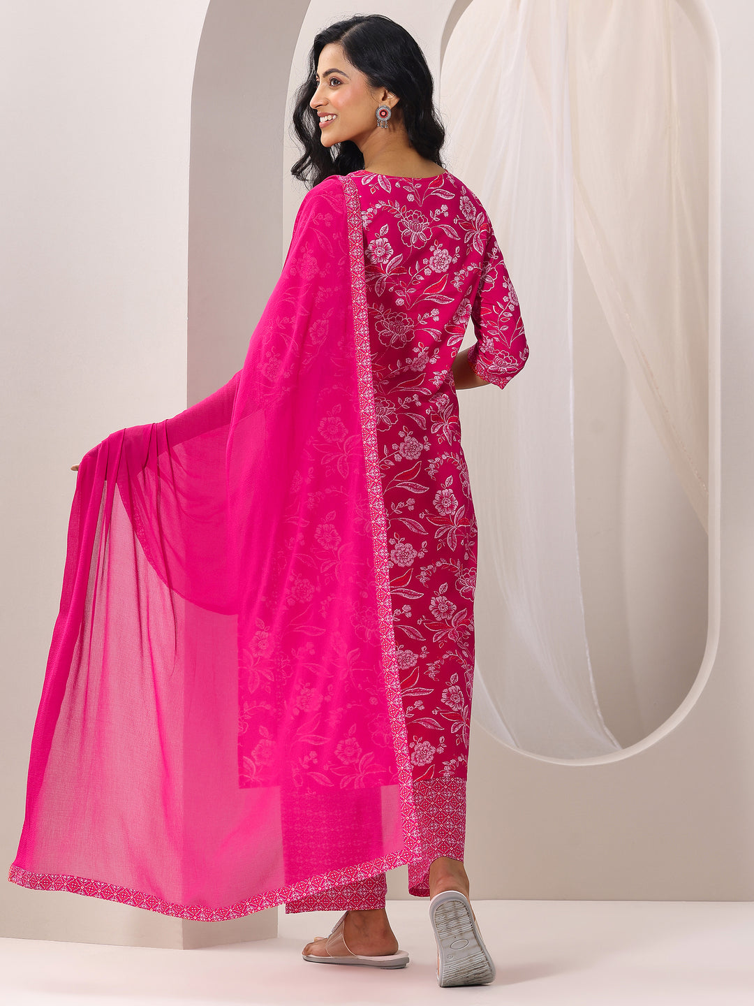 Pink Printed Cotton Straight Suit With Dupatta