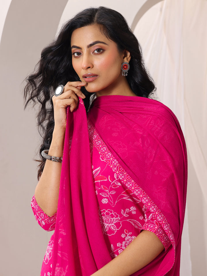Pink Printed Cotton Straight Suit With Dupatta