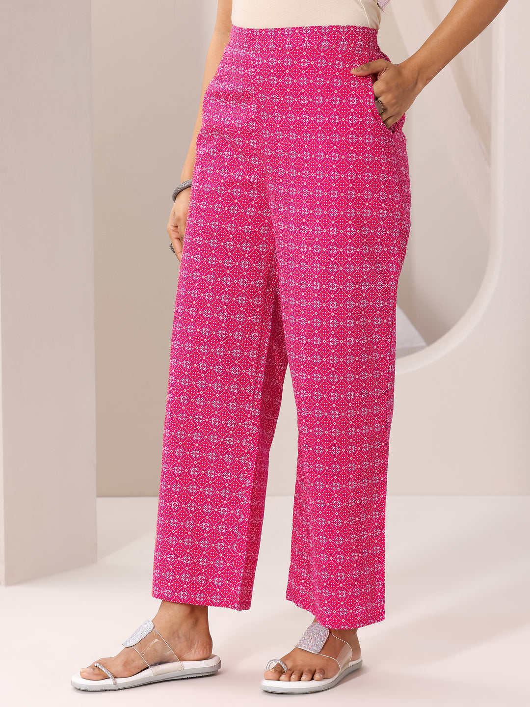 Pink Printed Cotton Straight Suit With Dupatta
