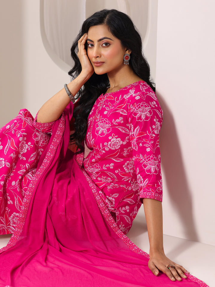 Pink Printed Cotton Straight Suit With Dupatta
