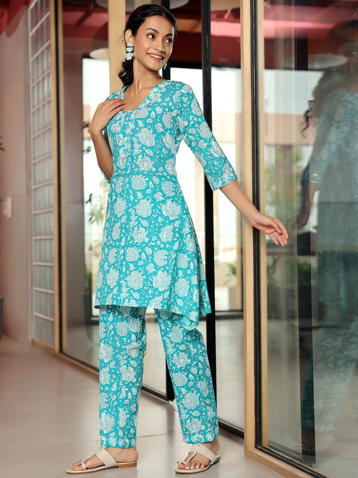 Blue Printed Cotton A-Line Kurta With Trousers