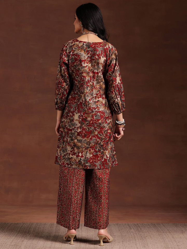 Maroon Printed Silk Blend Straight Kurta Set
