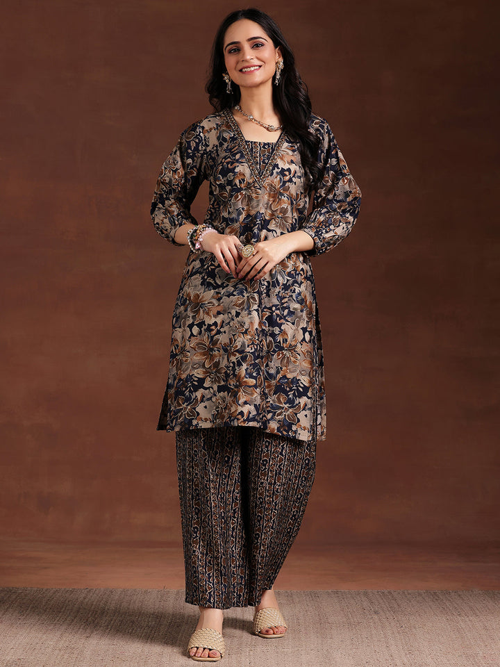 Blue Printed Silk Blend Straight Kurta Set