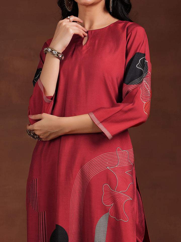 Maroon Printed Silk Blend Straight Suit With Dupatta