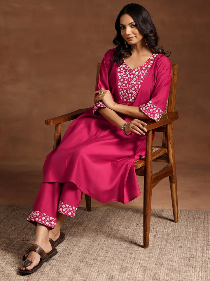 Pink Yoke Design Silk Blend A-Line Kurta With Trousers