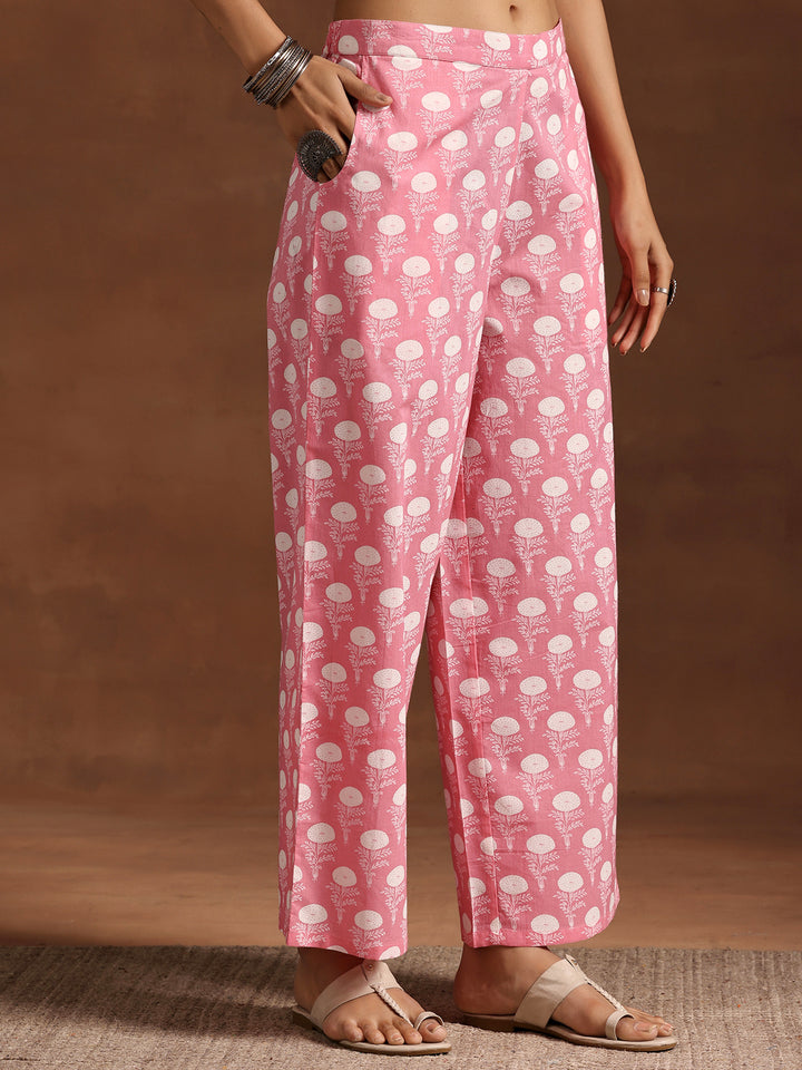 Pink Printed Cotton Straight Kurta Set