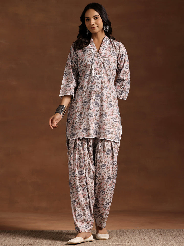 Grey Printed Cotton Straight Kurta Set