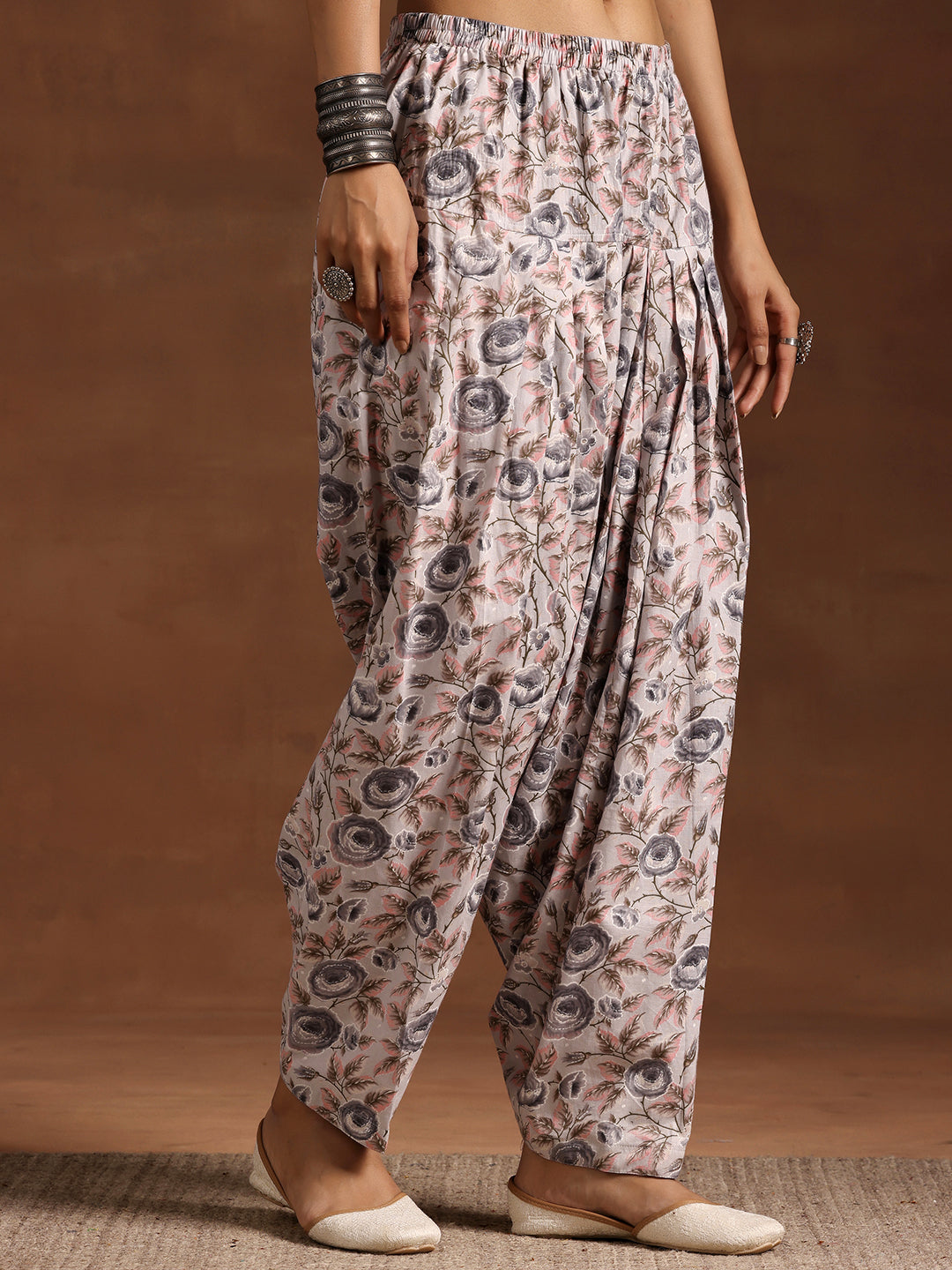 Grey Printed Cotton Straight Kurta Set