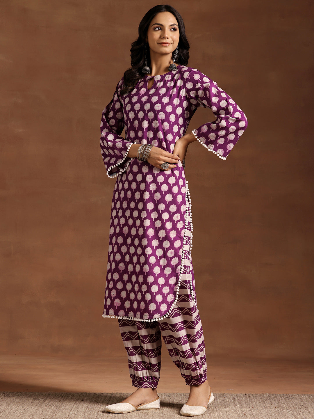 Purple Printed Cotton Straight Kurta Set