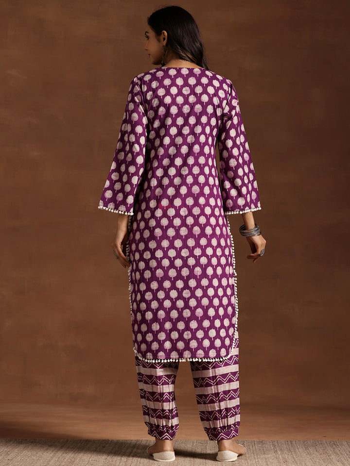 Purple Printed Cotton Straight Kurta Set