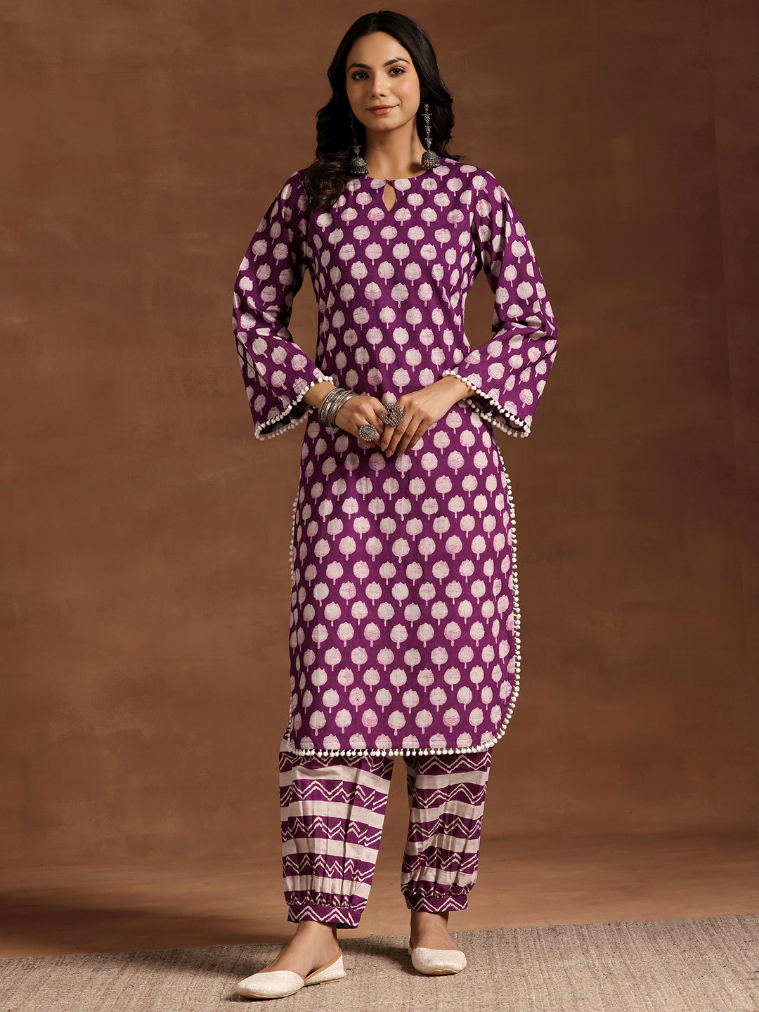 Purple Printed Cotton Straight Kurta Set