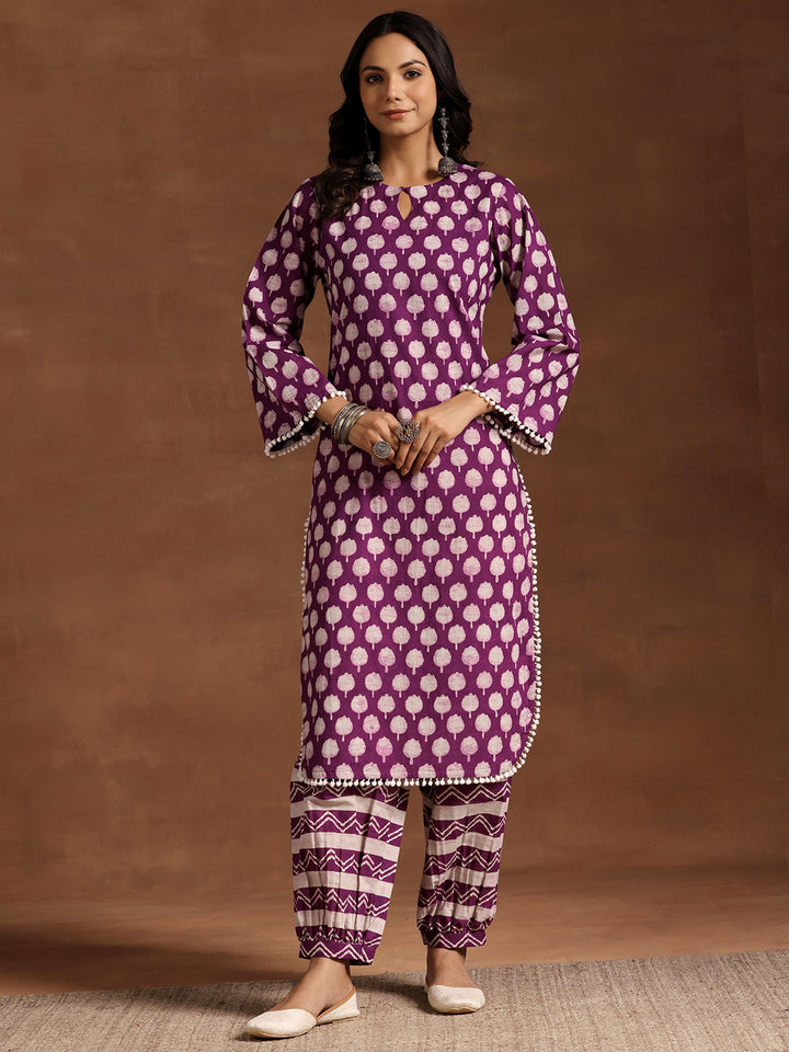 Purple Printed Cotton Straight Kurta Set