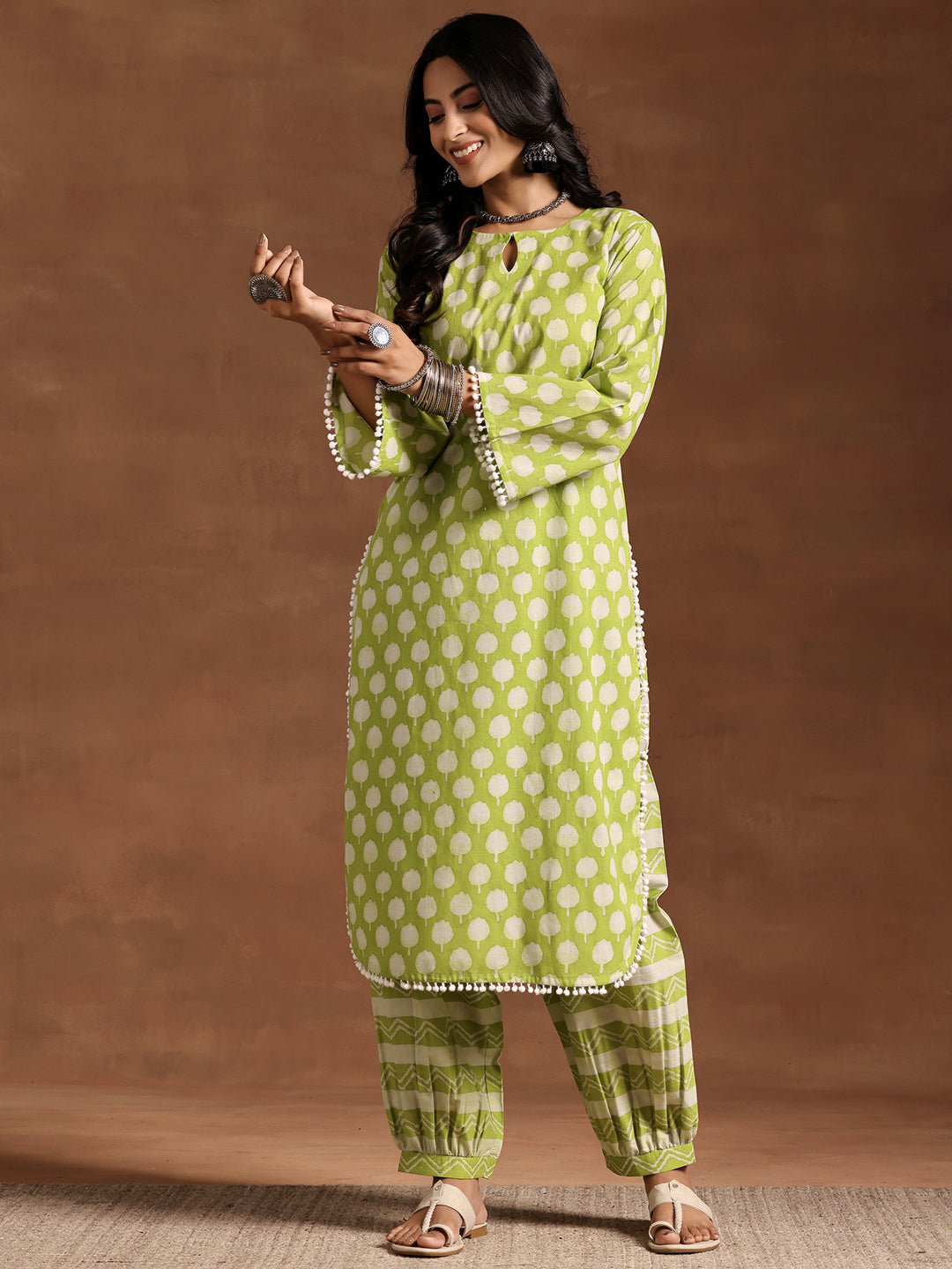 Green Printed Cotton Straight Kurta Set