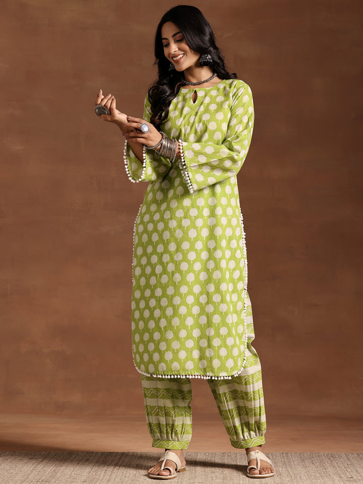 Green Printed Cotton Straight Kurta Set