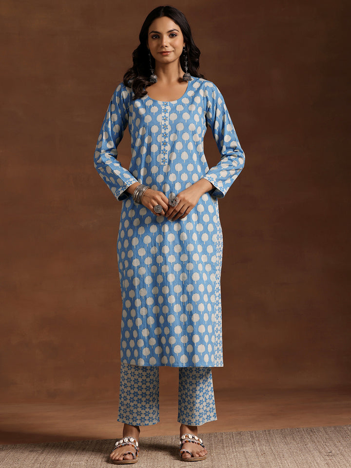 Blue Printed Cotton A-Line Kurta With Trousers