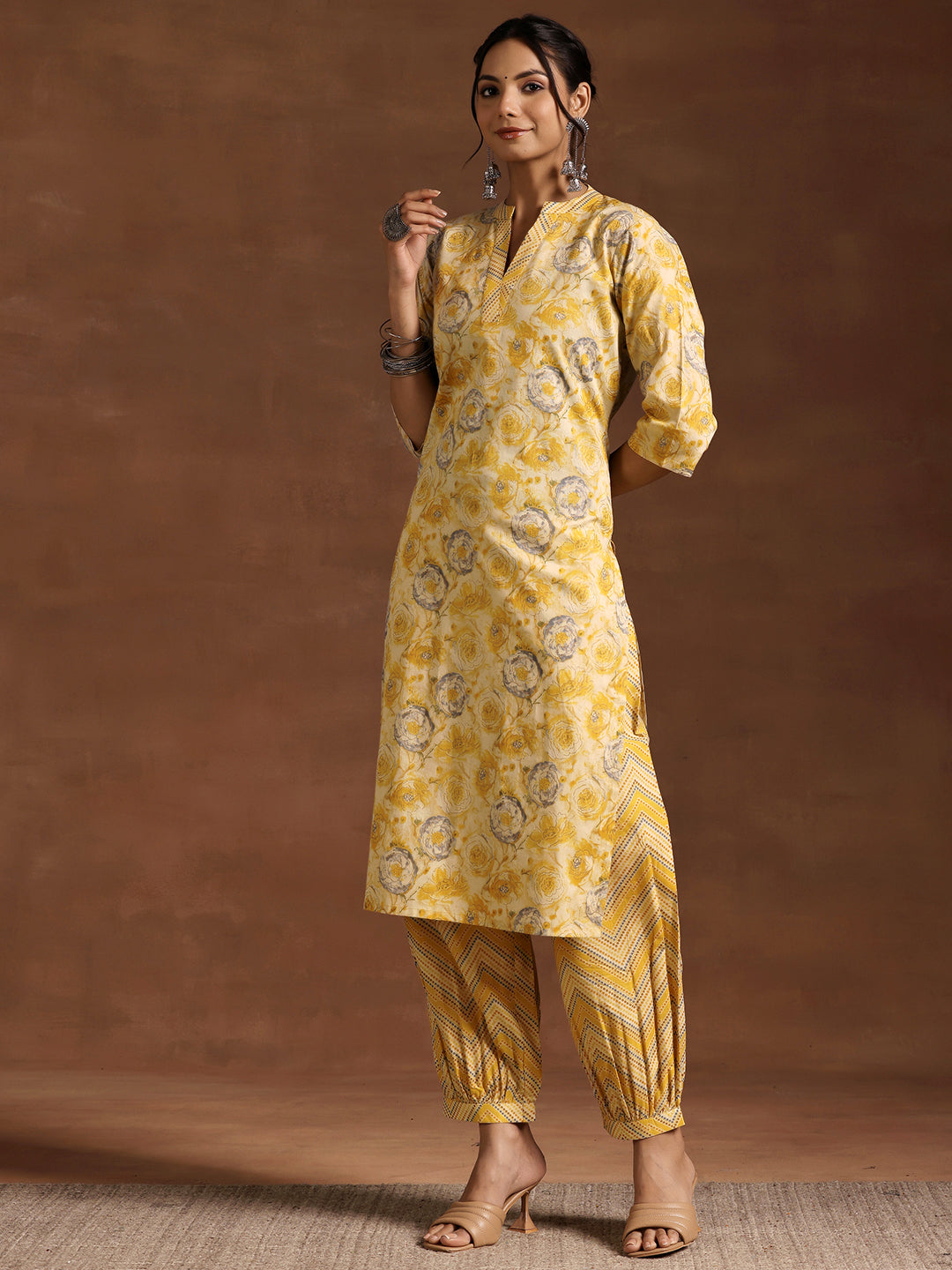 Mustard Printed Cotton Straight Kurta Set