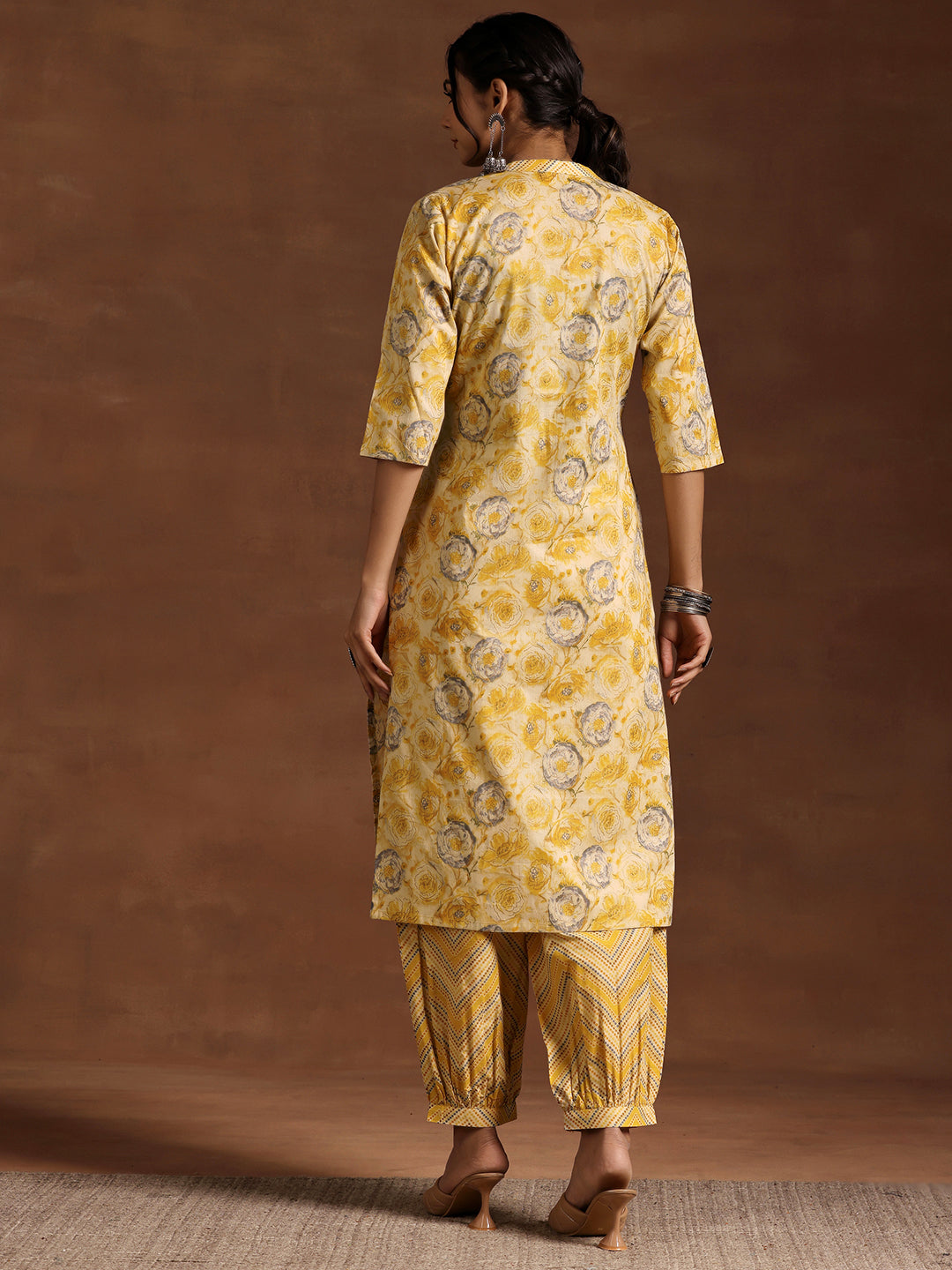 Mustard Printed Cotton Straight Kurta Set