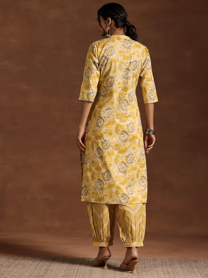 Mustard Printed Cotton Straight Kurta Set