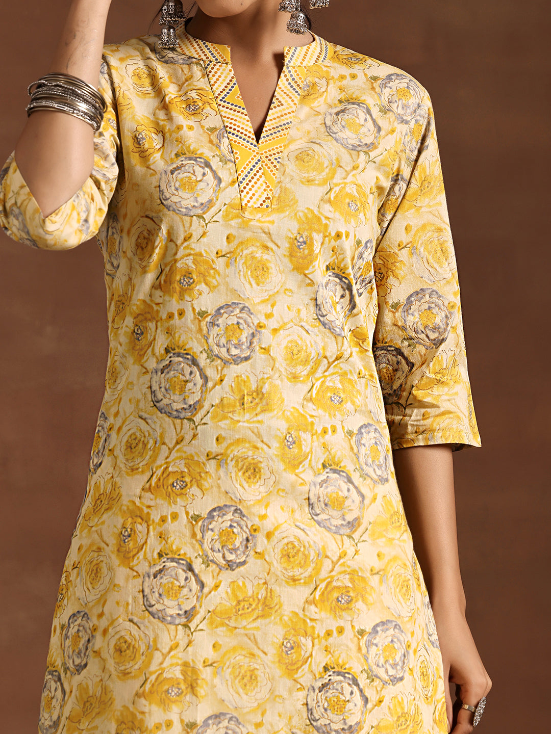 Mustard Printed Cotton Straight Kurta Set