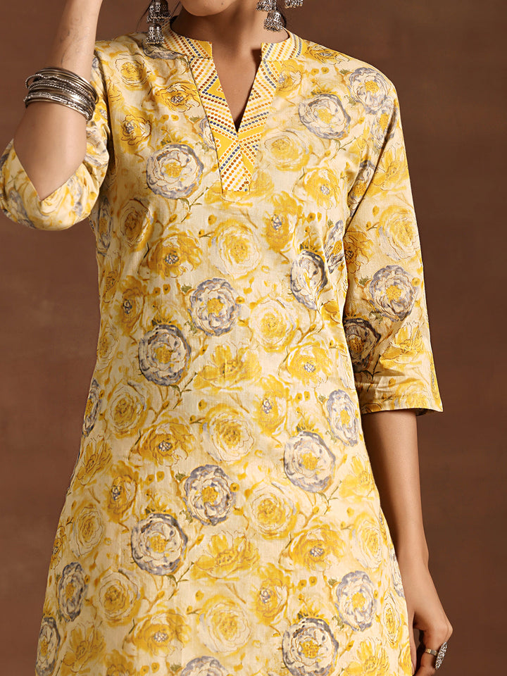 Mustard Printed Cotton Straight Kurta Set