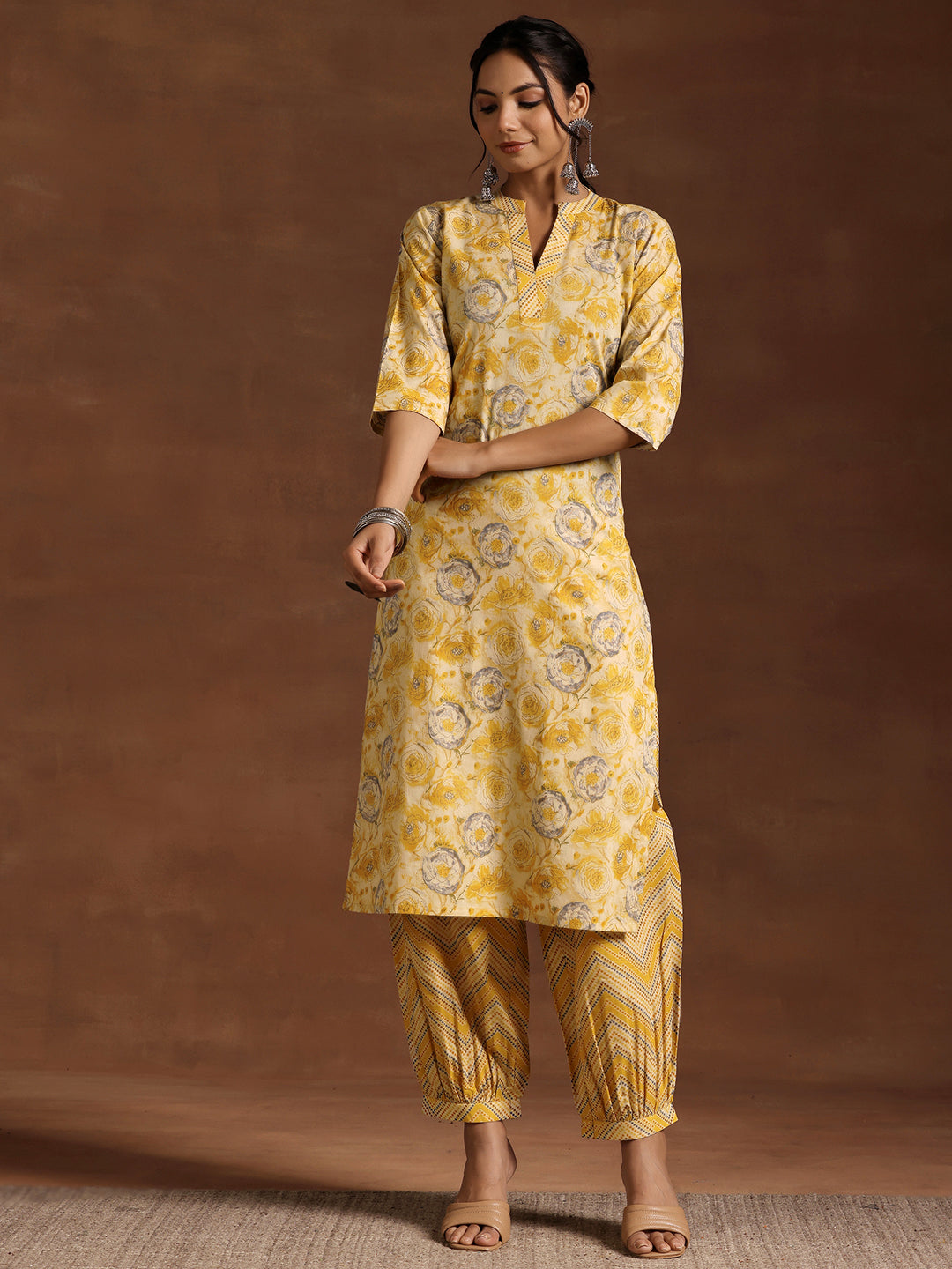 Mustard Printed Cotton Straight Kurta Set