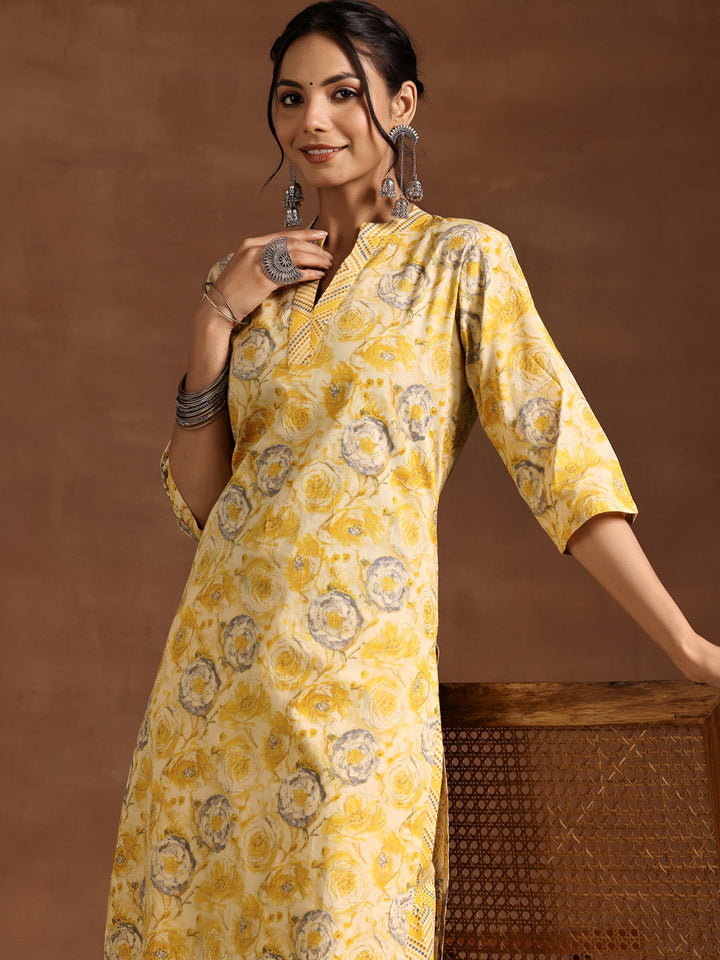 Mustard Printed Cotton Straight Kurta Set