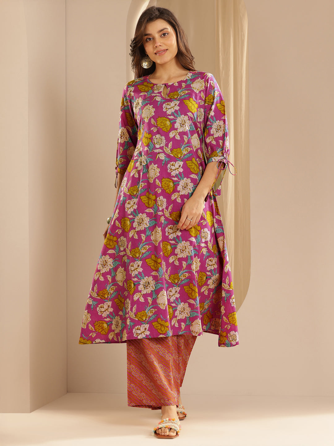 Pink Printed Cotton A-Line Kurta With Palazzos