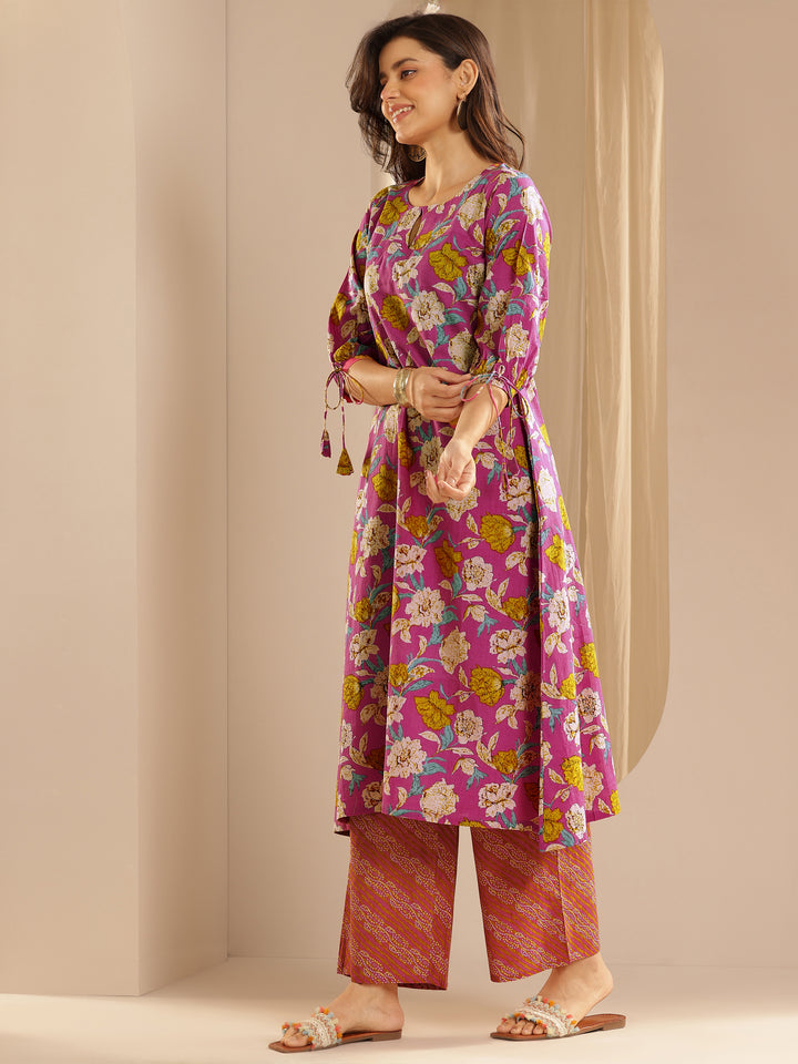 Pink Printed Cotton A-Line Kurta With Palazzos