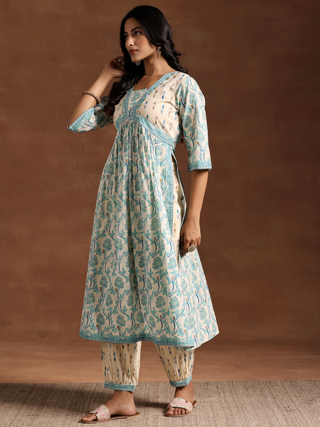 Blue Printed Cotton A-Line Kurta With Salwar