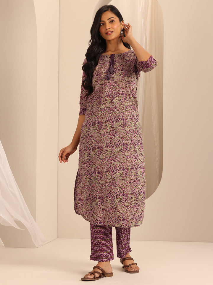 Purple Printed Cotton Straight Kurta Set