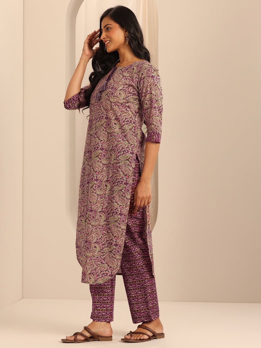 Purple Printed Cotton Straight Kurta Set