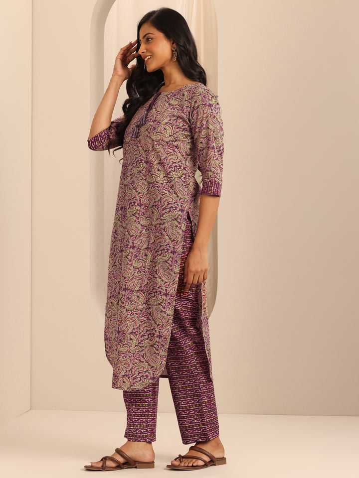 Purple Printed Cotton Straight Kurta Set