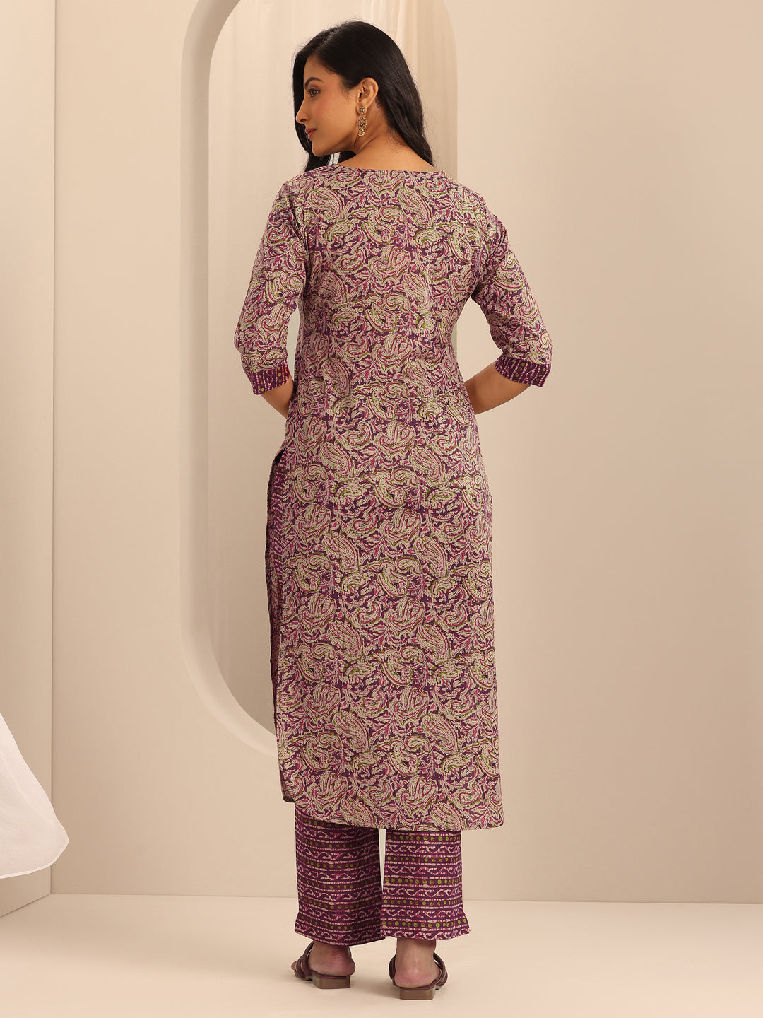 Purple Printed Cotton Straight Kurta Set