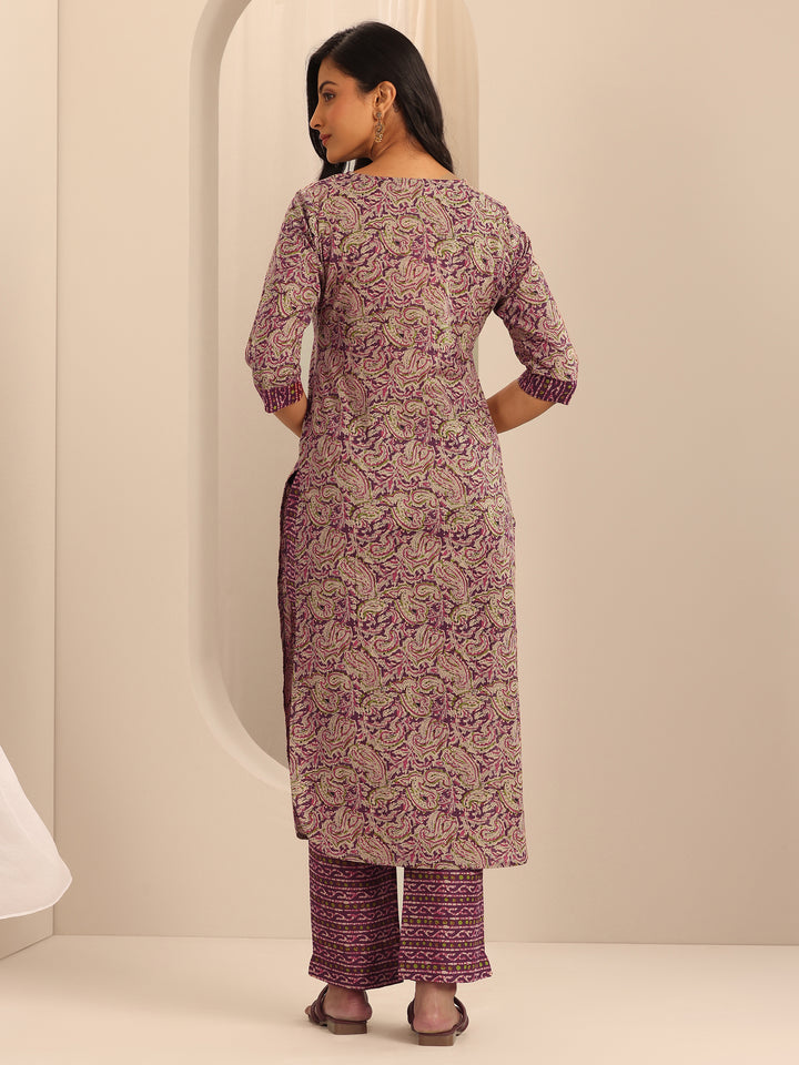 Purple Printed Cotton Straight Kurta Set