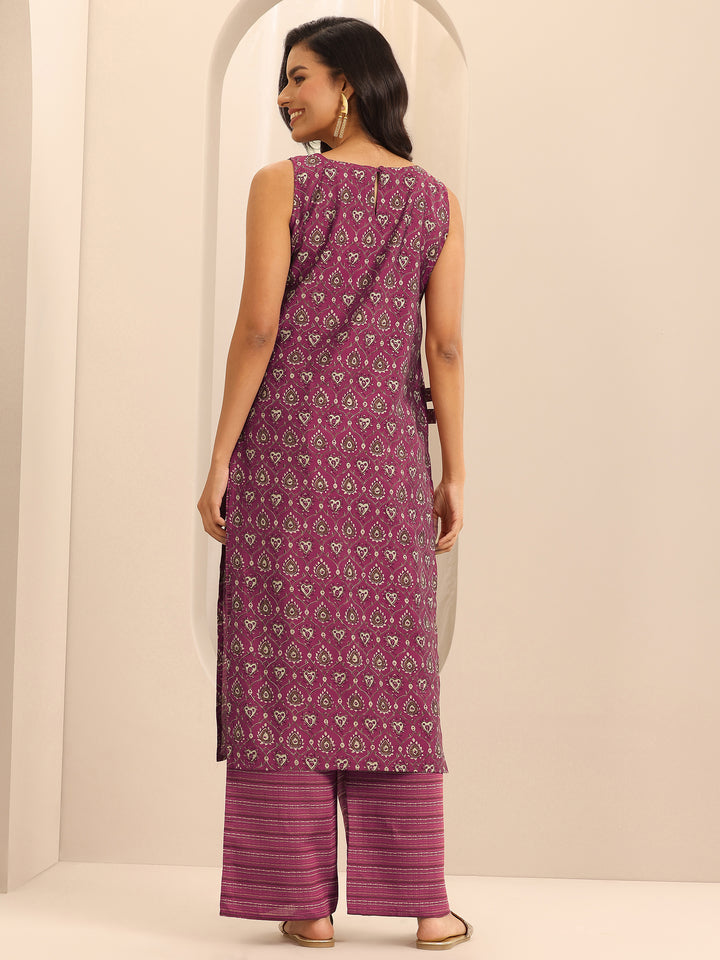 Wine Printed Silk Blend Straight Kurta Set