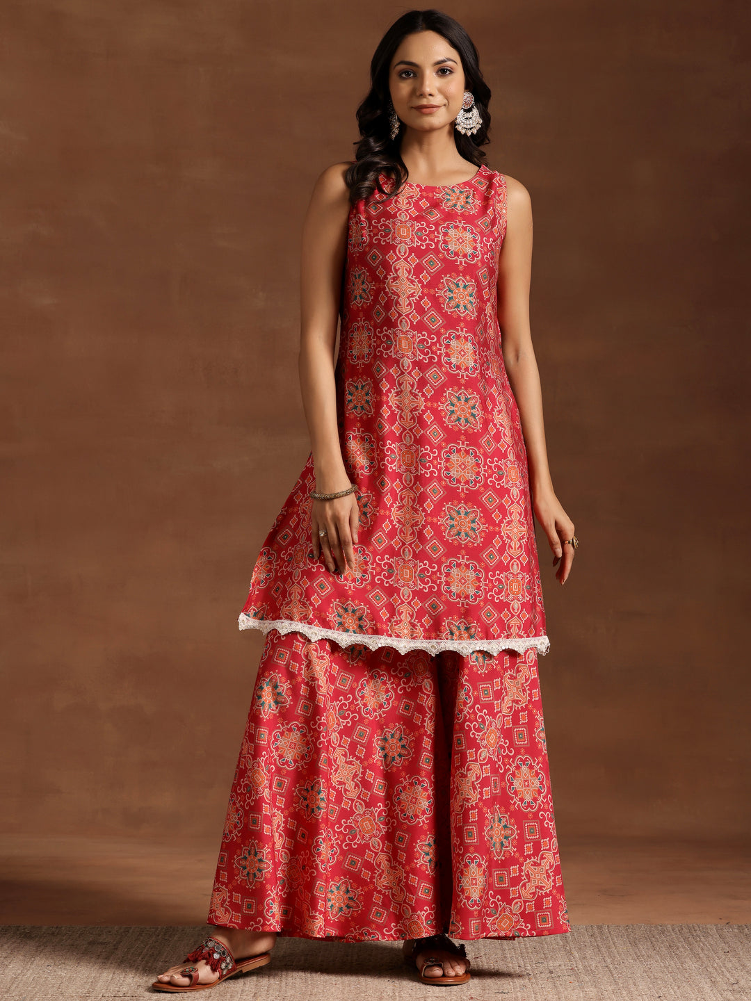 Pink Printed Silk Blend Straight Kurta With Palazzos