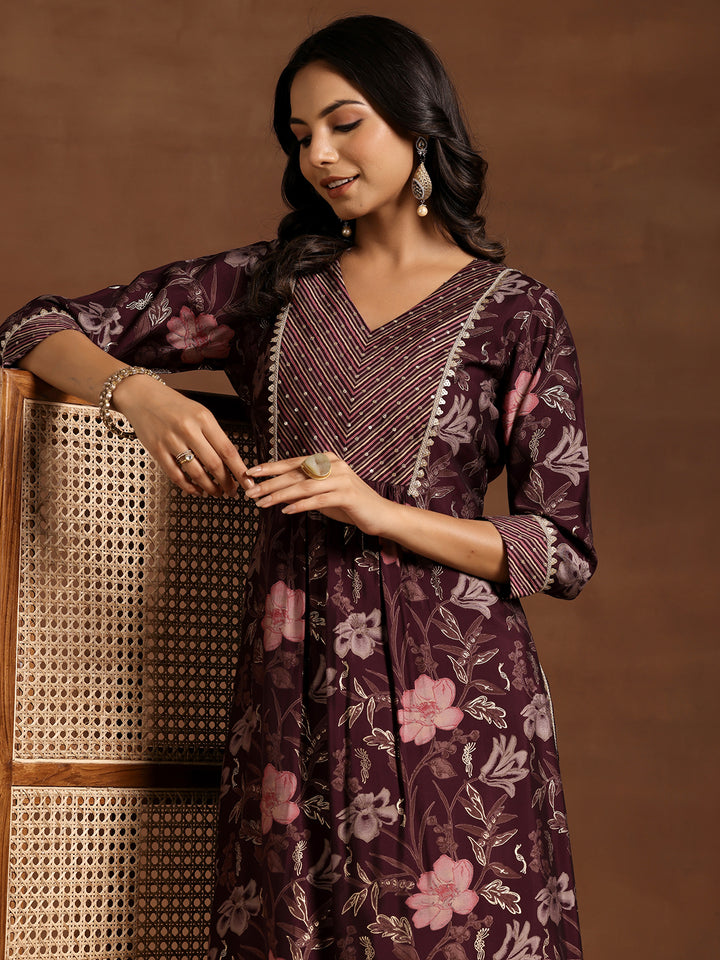 Wine Printed Silk Blend Straight Kurta Set