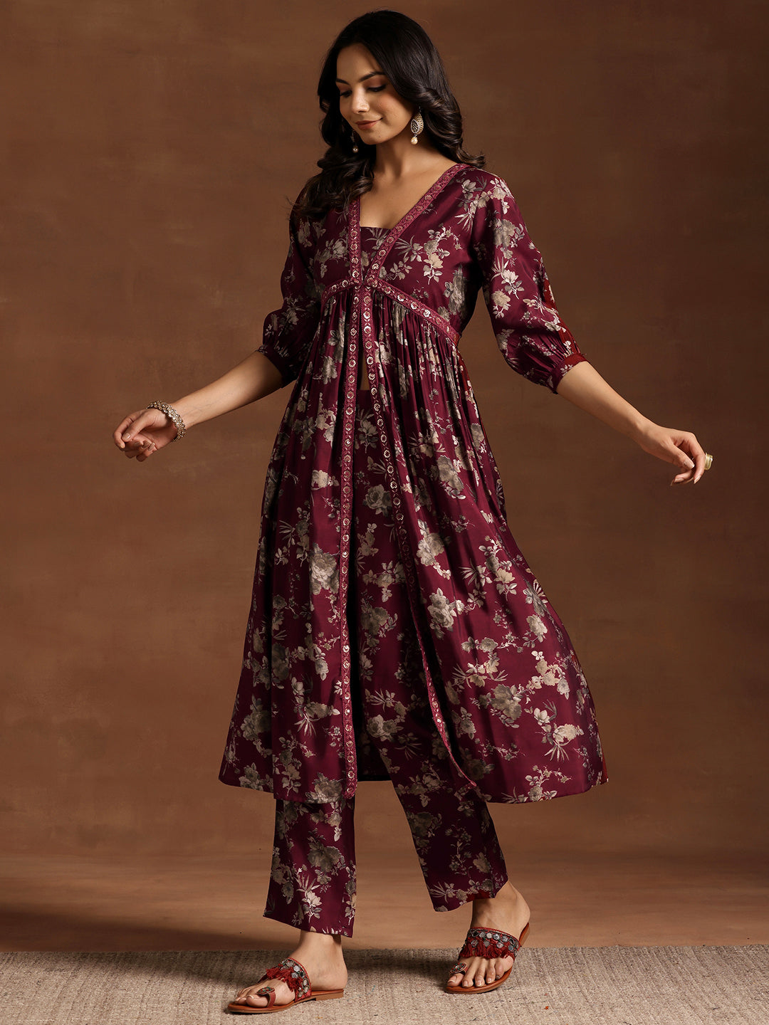 Maroon Printed Silk Blend A-line Kurta With Trousers