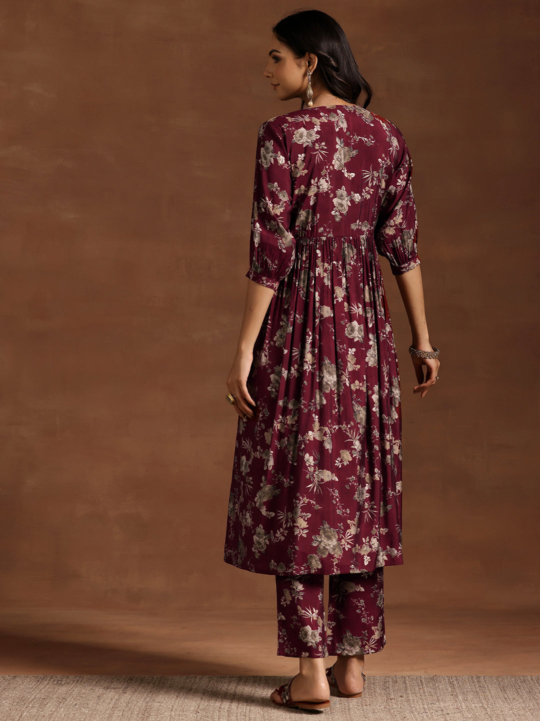 Maroon Printed Silk Blend A-line Kurta With Trousers