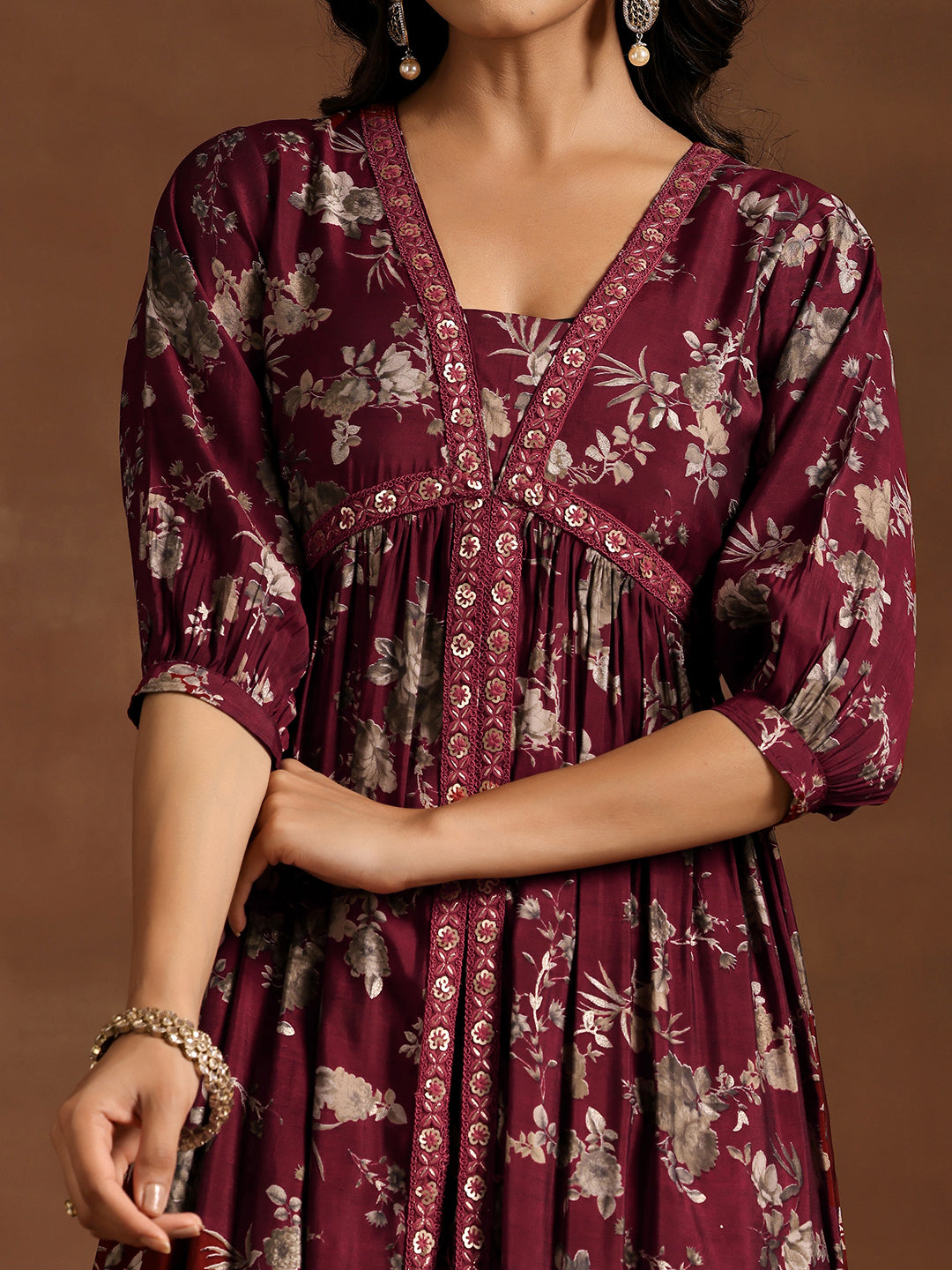 Maroon Printed Silk Blend A-line Kurta With Trousers