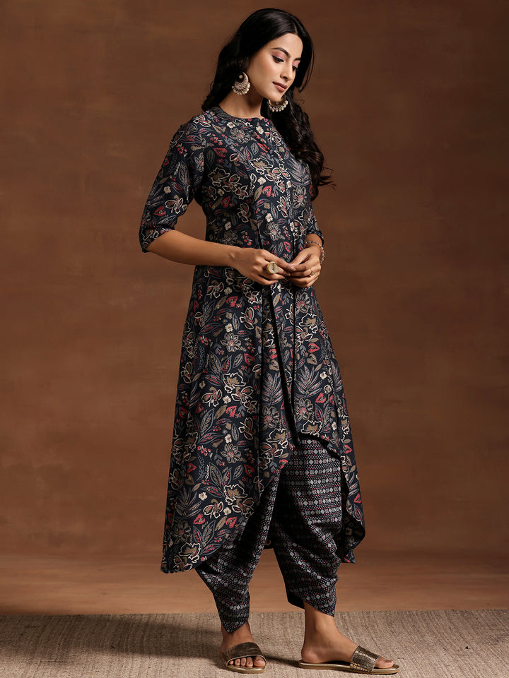 Blue Printed Silk Blend A-line Kurta With Salwar